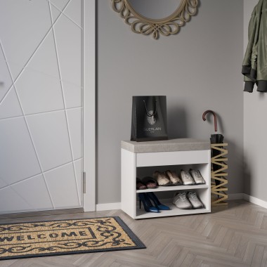 Обувница ТО-31, ЛДСП белый / ткань серо-бежевый